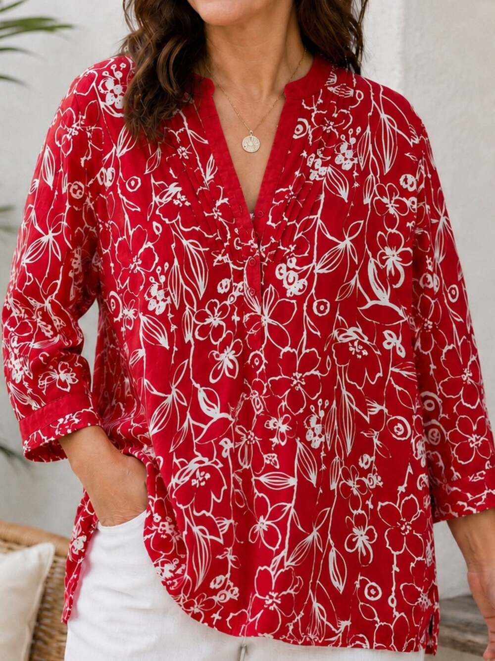 Saint Tropez West Linen Floral Tunic Top Red White XL Boho Beach